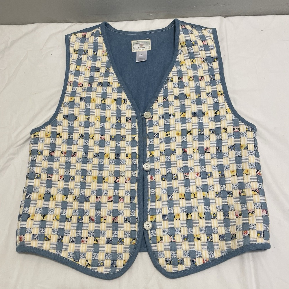 VTG Susan Bristol Casuals Quilted Button Vest Yellow Blue Chambray Size Large